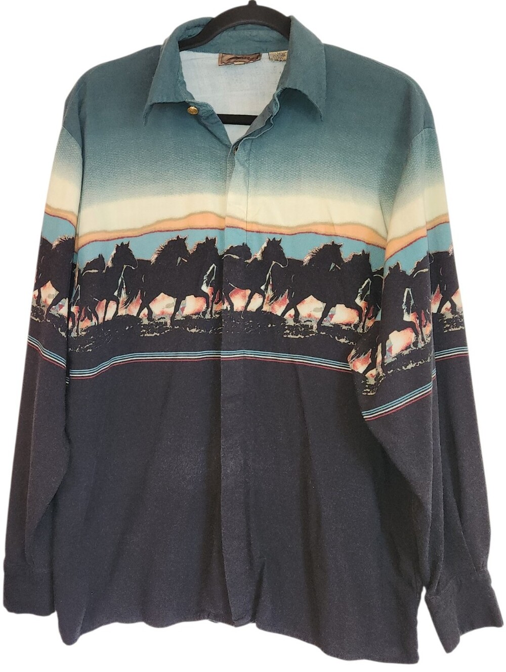 Vintage Roper 90's Scenic Sunset Wild Horses Western Button Up Shirt Size L